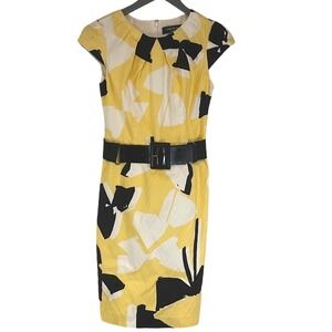 Chetta B Sunhee Women's Sheath Dress Midi Geometric Cap Sleeve Yellow Size 2